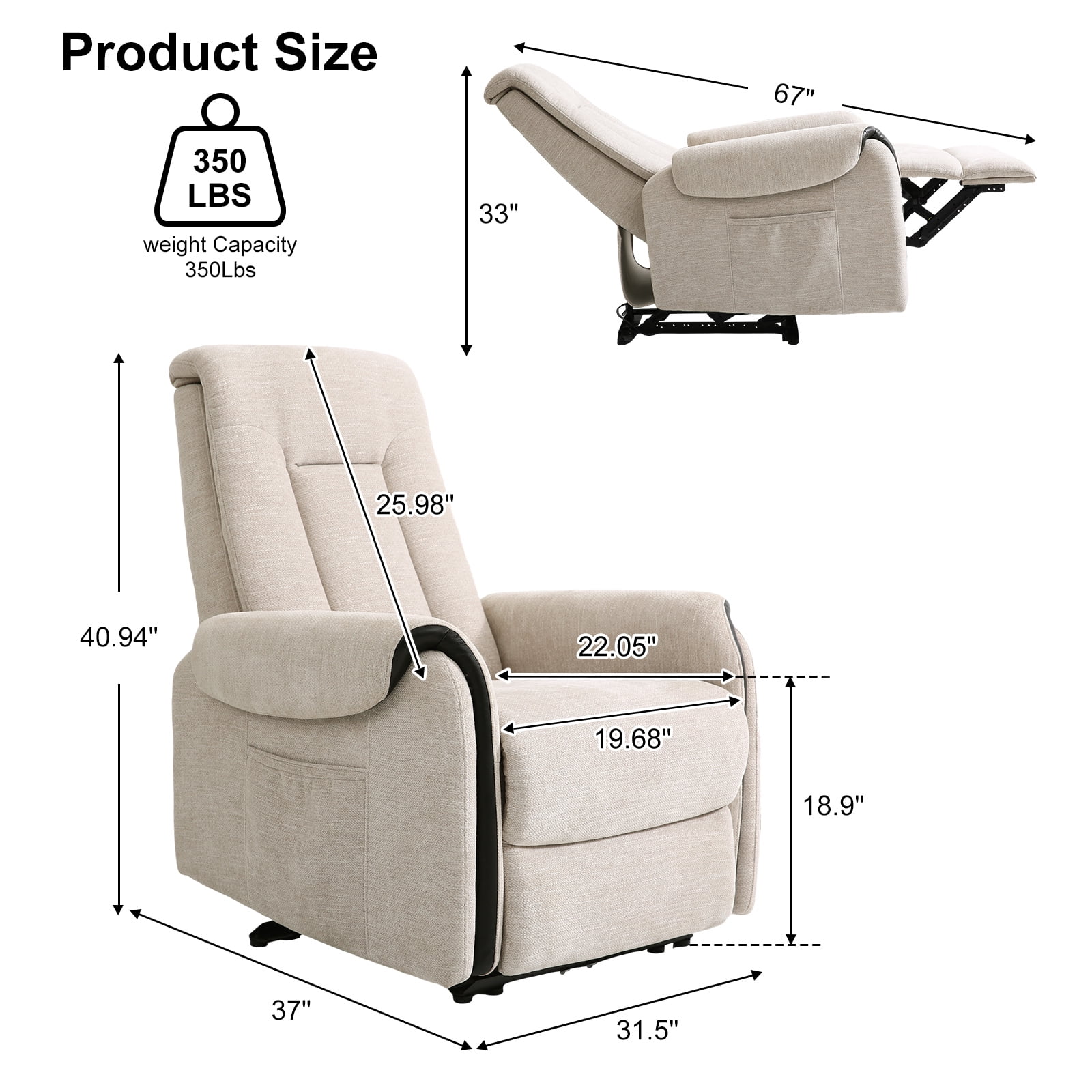 MERITLIFE Chenille Fabric Massage Recliner with Adjustable Headrest and Lumbar Support, Beige