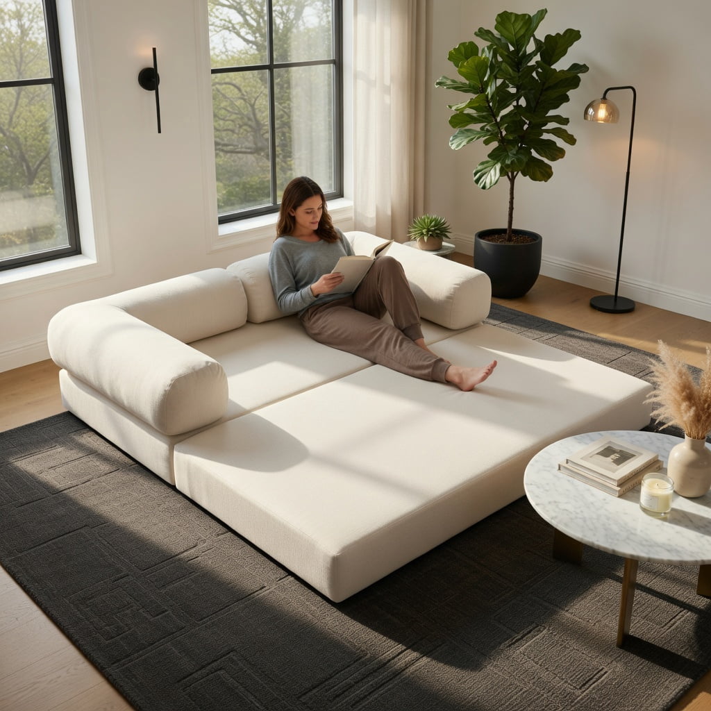 Hommoo 4-in-1 Convertible Folding Sofa Bed, Corduroy Futon with Removable Armrests, Floor Lounger & Compact Space-Saving Sleeper, Beige