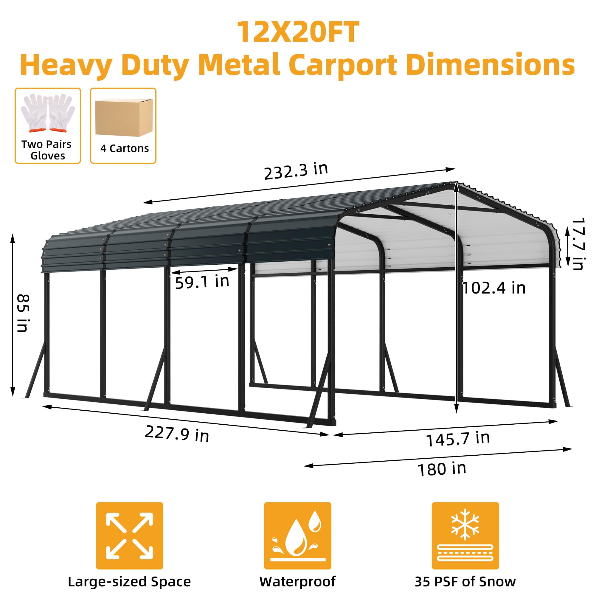 12 x 20 FT Metal Carport with Galvanized Steel Roof, Heavy Duty Metal Roof Carport with Enhanced Base, Tall Kits Garage for Tractors, Trucks, Boats, Cars