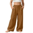 thumbnail image 2 of Kids Drawstring Linen Wide Leg Pants Casual Loose Trousers with Pockets for Boys Girls Summer Beach Vacation Brown 3Y, 2 of 9