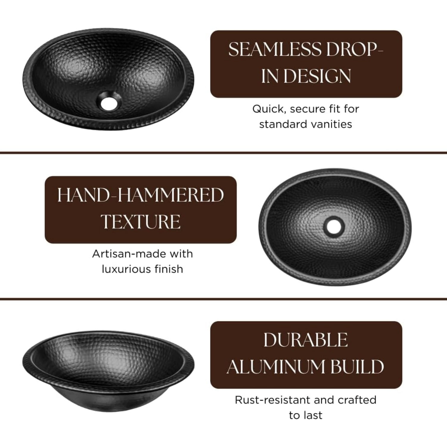 17-Inch Oval Drop In Bathroom Sink, Top Mount Hand Hammered Matte Black Vanity Sinks for Countertop, Powder Room, Guest Bath or Restroom, Drop in Sinks for Bathrooms