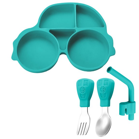 Car Shaped Plate Straight Spoon Fork and Straw Set, Silicone Divided Dinner Plate, Stainless Steel Utensils, Toddler Child Children Kids Snack Meal Plate Feeding