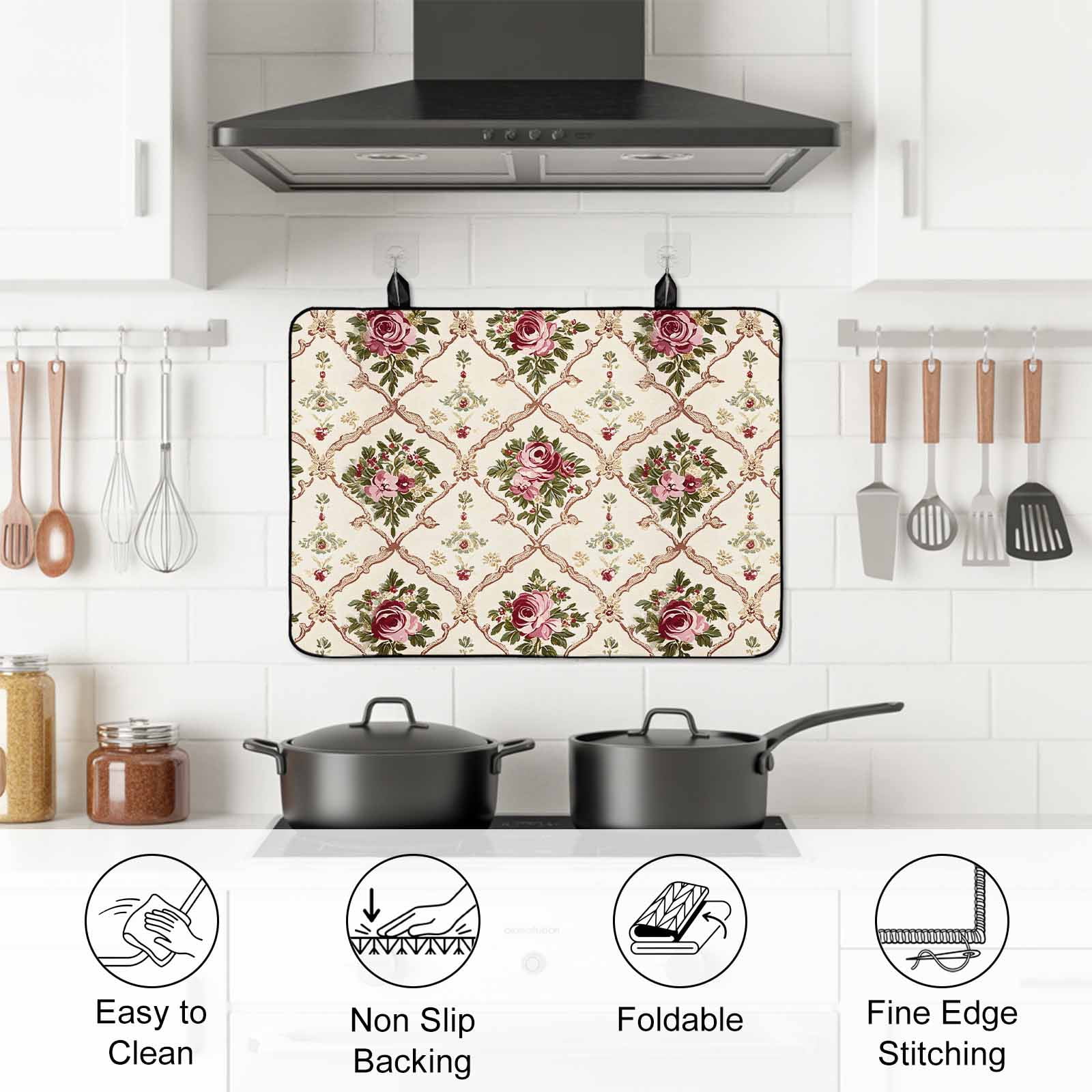Vintage Pink Red Floral Stove Top Cover for Electric Stove, Heat-proof & Non Slip Glass Top Stove Cover Protector, Farmhouse Flower Green Leaf Kitchen Flat Cooktop Rubber Mat 24x21 Inches