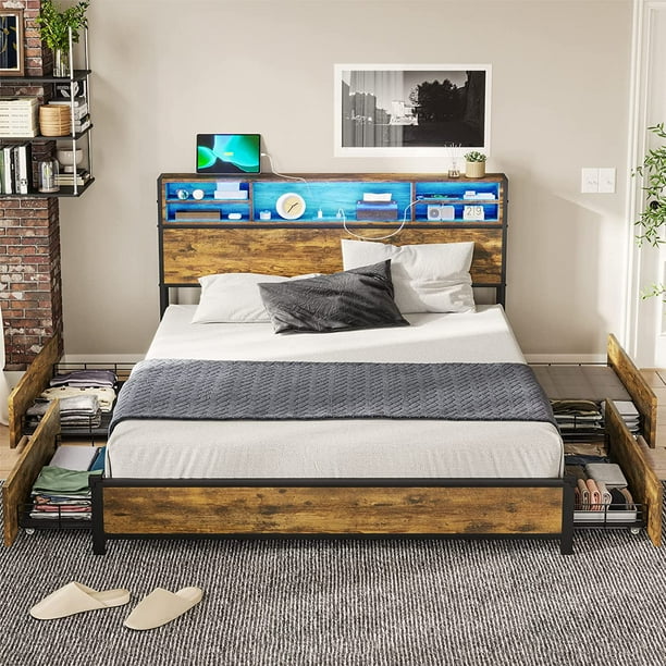 ADORNEVE LED Bed Frame Full Size with Outlets and Bookcase Headboard, Metal Bed with Storage Drawers, Full Bed Frame with RGB LED Lights Headboard, No Box Spring Needed, Vintage Brown -