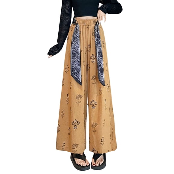 Fiaer Floral Wide Leg Pants for Women Yoga Boho Palazzo Silk Baggy Trousers Casual Trendy Comfort Slacks with Silk Belt Pants Yellow XL