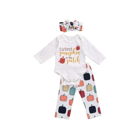 

jaweiw Baby s Girls 3 Pieces Suit Halloween Themed Letter Print Round Neck Long Sleeve Romper Pumpkin Print Long Pants and Hairband