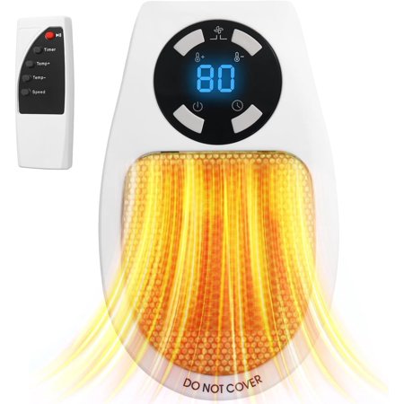 Space Heater Small Plug in Electric Heater Remote Wall Outlet Electric Space Heater with Adjustable Thermostat and Timer and Led Display Compact for Office Dorm Room (White)