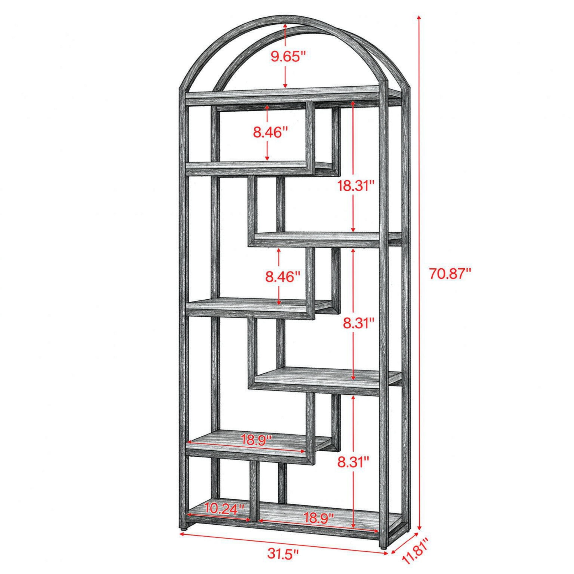 71 Inch Arched Industrial Bookshelf, Open Display Bookcase