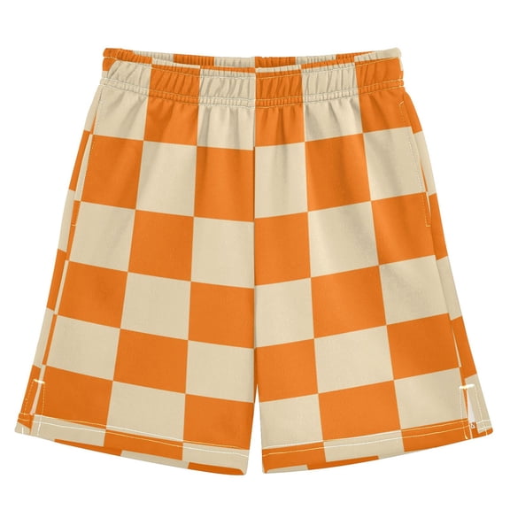 Orange Yellow Checked Pattern Athletic Shorts Breathable with Comfort Fit Drawstring Casual Sweatshorts X-Small