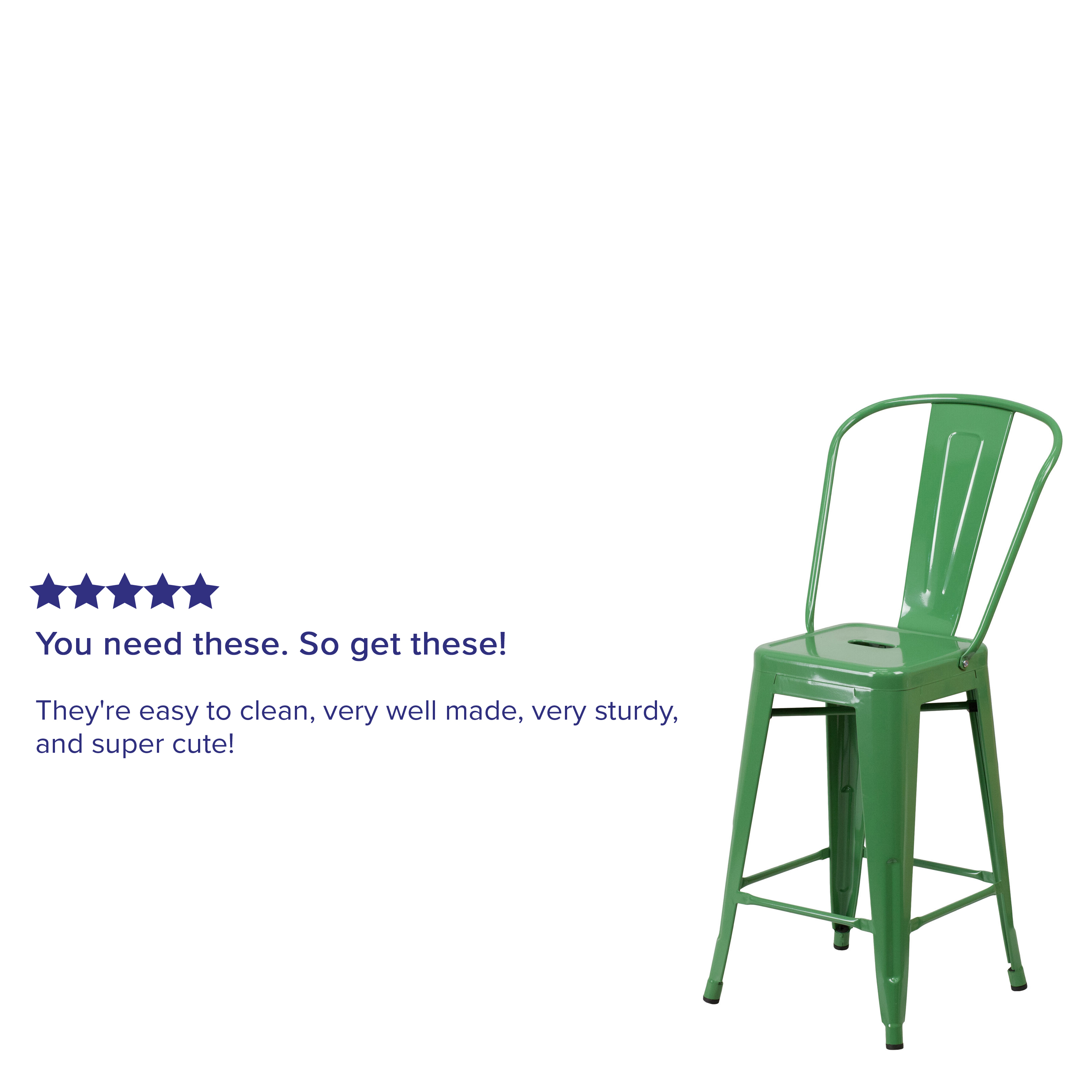 Flash Furniture Commercial Grade 4 Pack 24" High Green Metal Indoor-Outdoor Counter Height Stool with Removable Back - image 5 of 14