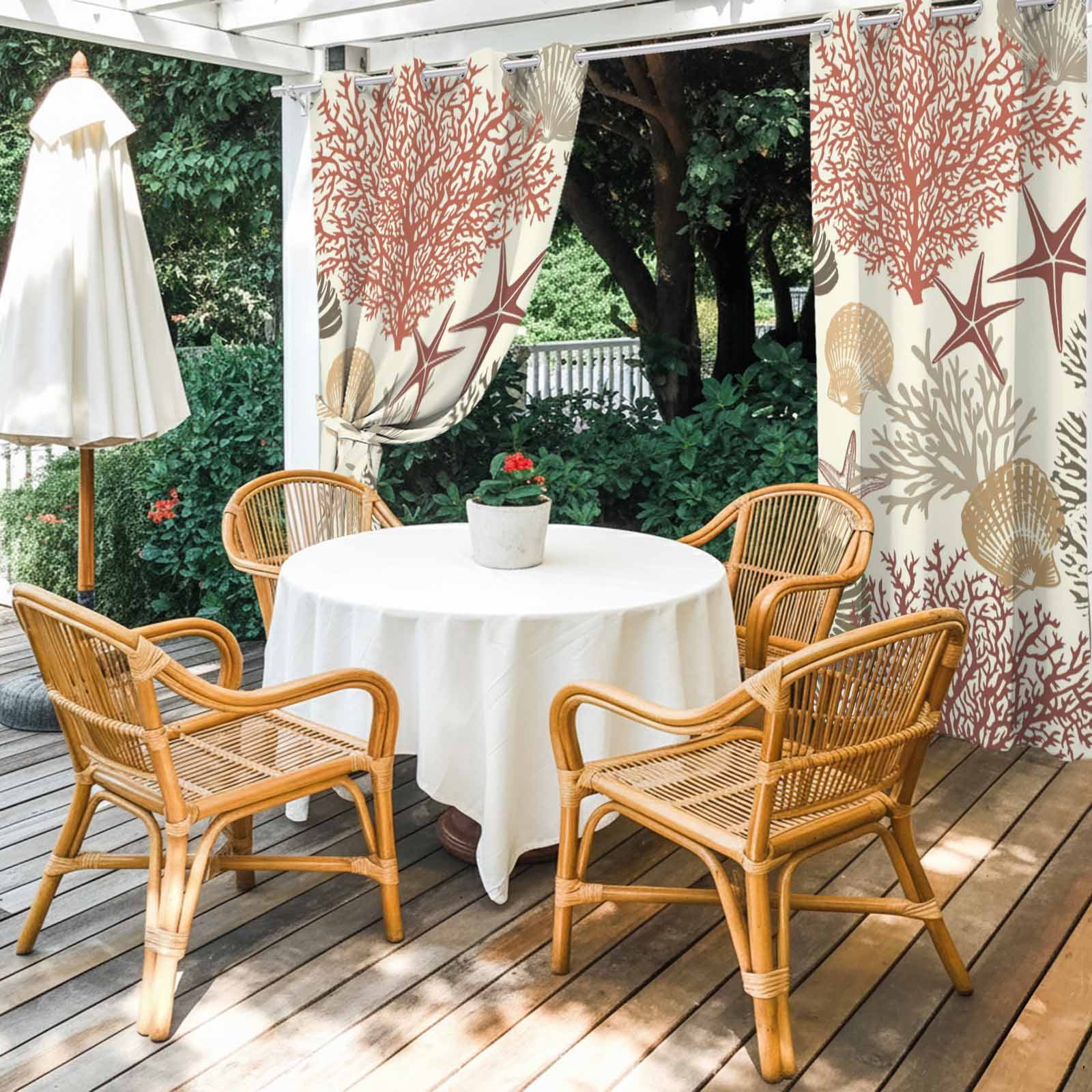 Summer Marine Life Outdoor Curtains for Patio, Ocean Coral Conch Silhouette Graffiti Starfish Sunshade Privacy Drapes Grommet Waterproof Outside Curtains for Porch/Cabana/Balcony 54"x 108", 1 Panel