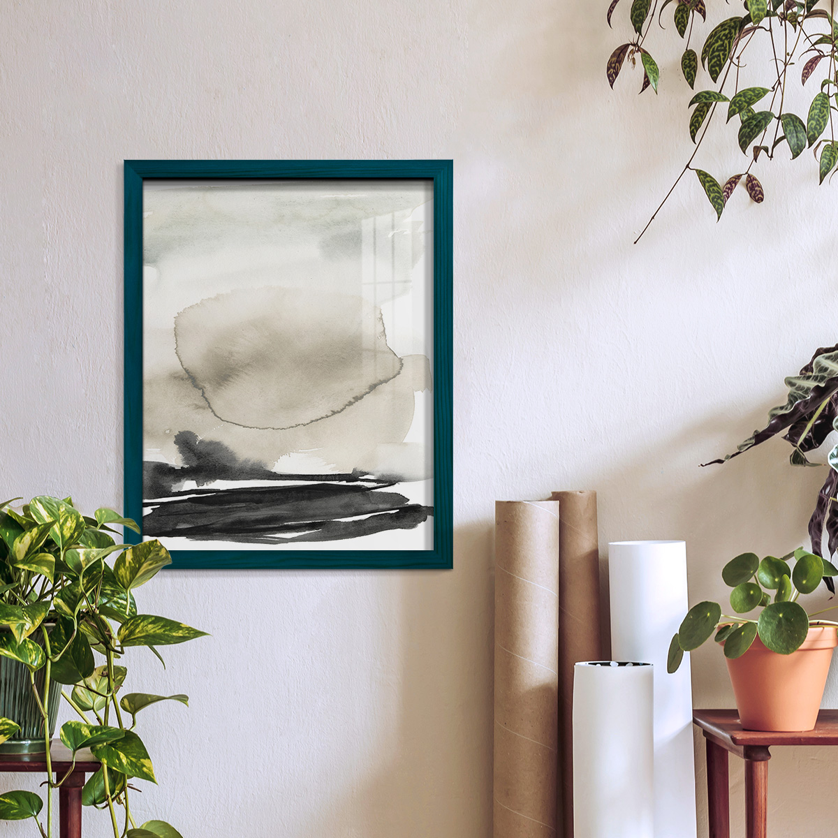 Ebony Horizon Triptych II - Framed Print w/glass - Ocean Blue