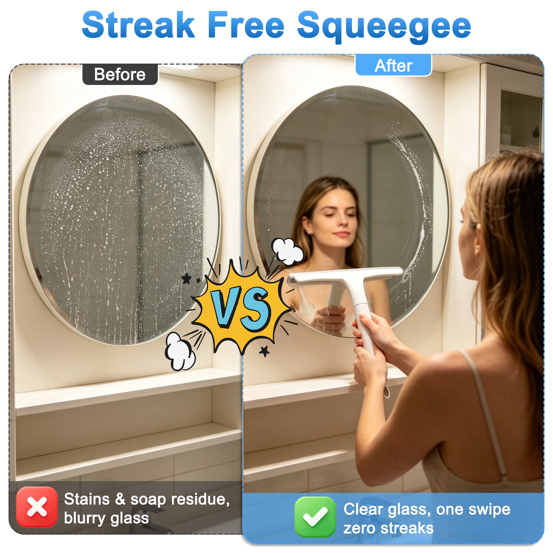 Squeegee for Shower Glass Door Silicone Shower Squeegee for Glass Doors All-Purpose Window Squeegee for Tile Shower Walls, Sink, Mirror, Bathroom, Car Window Cleaning