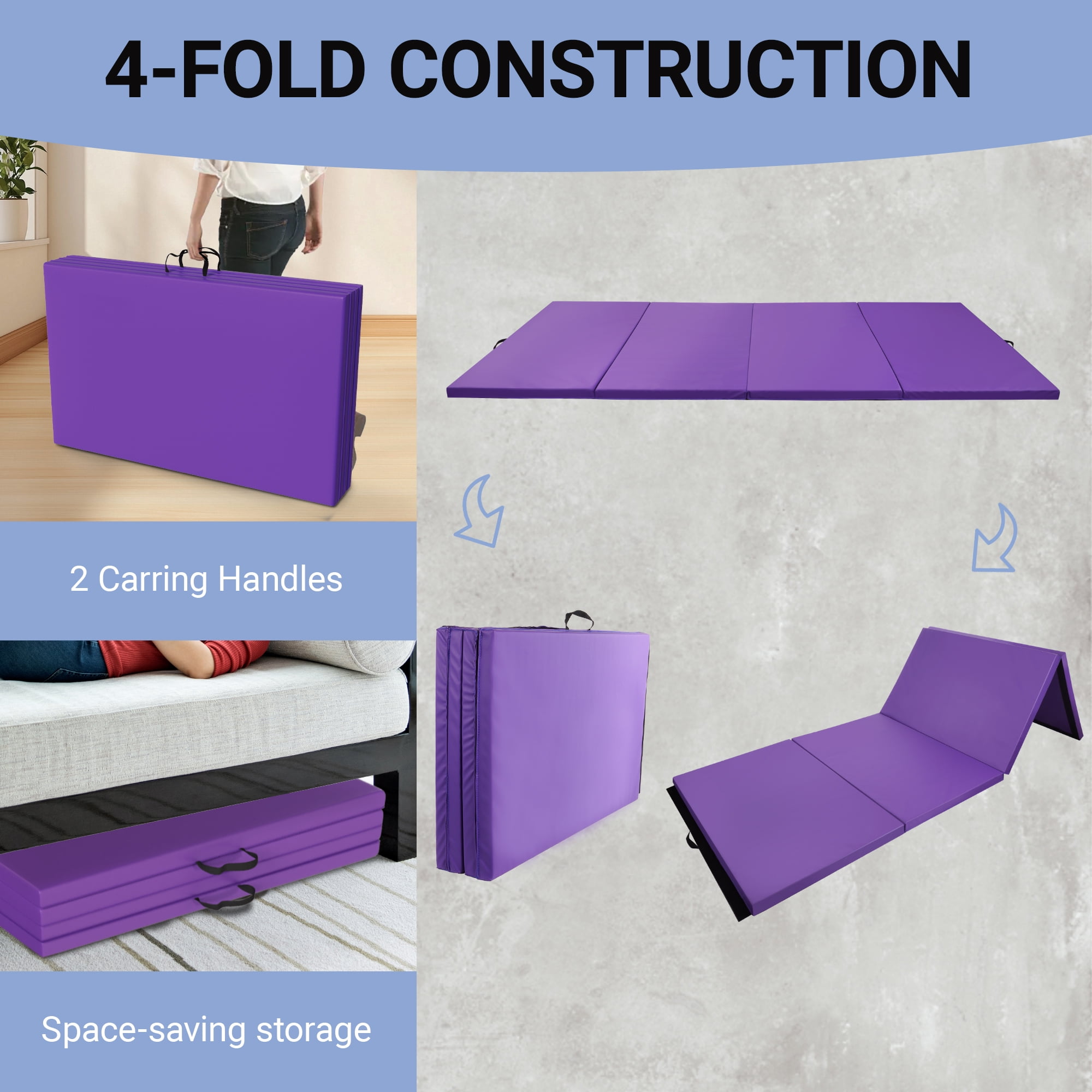 BalanceFrom Versatile 4'x8'x2" High-Density Gym Mats - Extra Thick, Anti-Tear, Easy-Clean, Foldable for Aerobics, Yoga, Martial Arts, with Durable Vinyl and Velcro, Purple