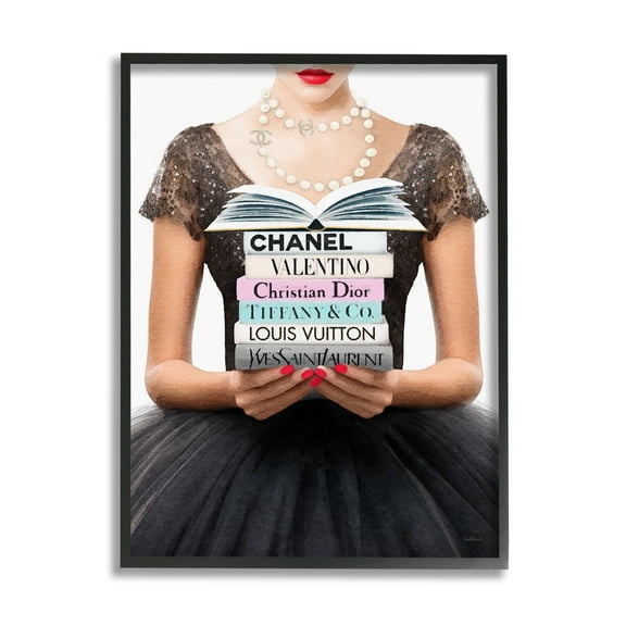 Stupell Industries Girl with Fashion Books Beauty & Fashion Painting Black Framed Art Print Wall Art, 11 x 14