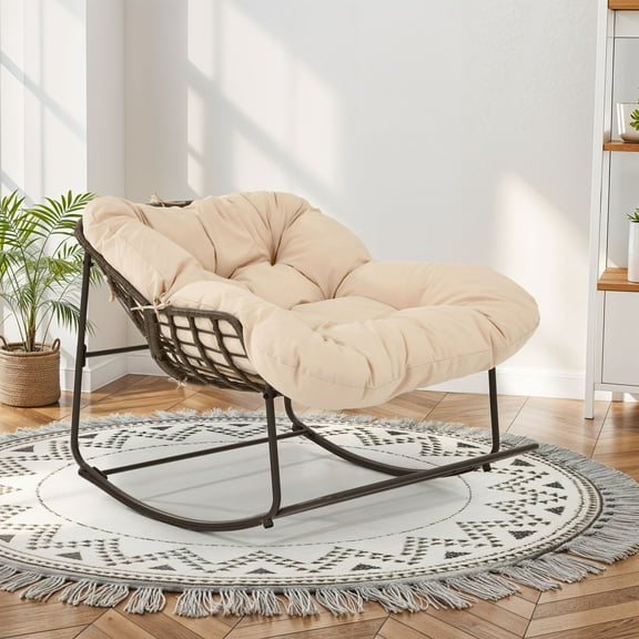 Dextrus Oversized Rattan Papasan Chair, Outdoor Wicker Rocking Seating with Thick Padded, Cushion Lounge Chair for Patio, Living Room, Backyard, Porch