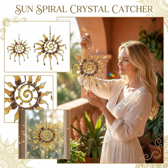 Metal Sun Outdoor Decor, Crystal Sun Catcher, Hanging Crystals, Outdoor Hanging Decor, 8X8 Inch Spiral Sun Design Crystal Prism Ornament with Gift Packaging, Light Catching Accent