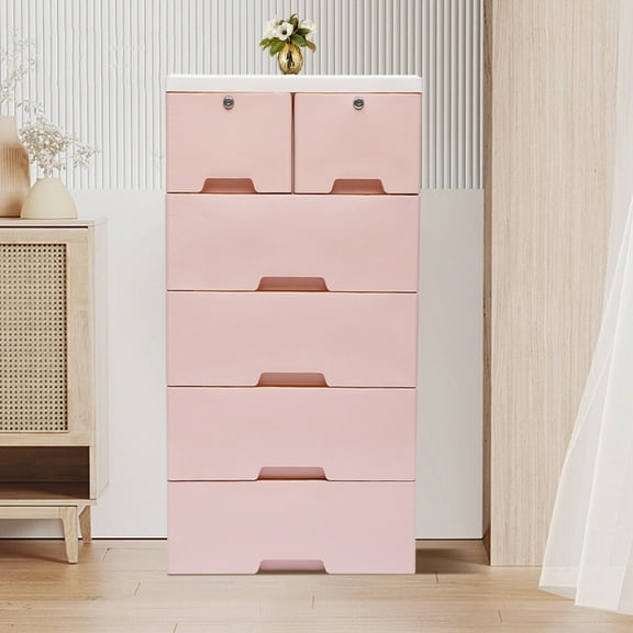 Plastic Drawers Dresser Storage Cabinet 6 Drawers Closet Organizer 4 wheels Pink for bedroom, living room