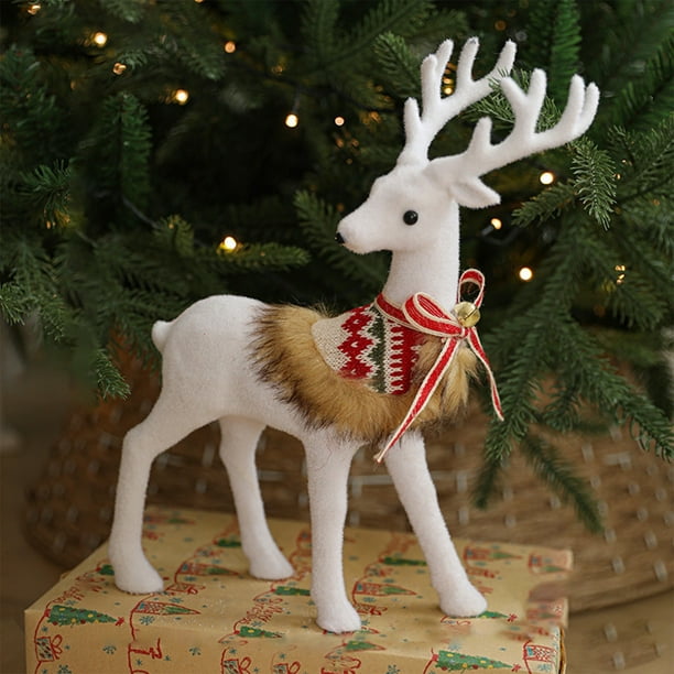 Adorno de ciervo de Navidad con lazo y campanas - Decoración de plástico blanco de renos de 13" para ventana, habitación o mesa