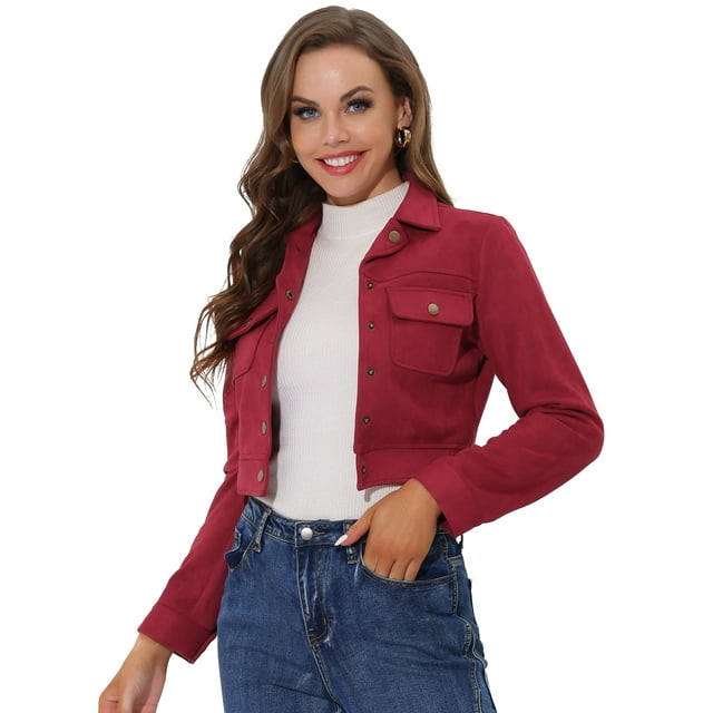 INSPIRE CHIC Women's Casual Faux Suede Notched Collar Button Up Cropped Jacket with Pockets Red M