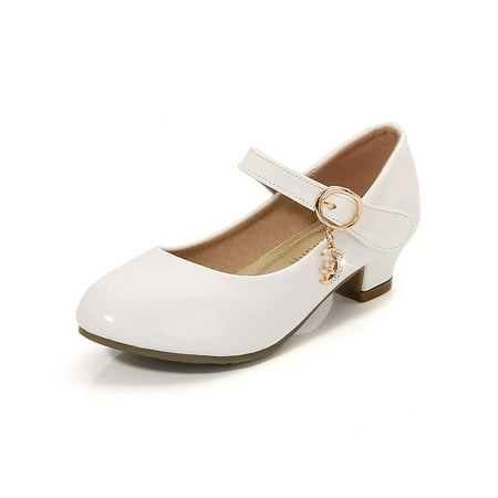 

Sanviglor Girls Mary Jane Ankle Strap Dress Shoes Closed Toe Princess Shoe Uniform Magic Tape Comfort Pumps Lightweight Chunky White 1# 10C