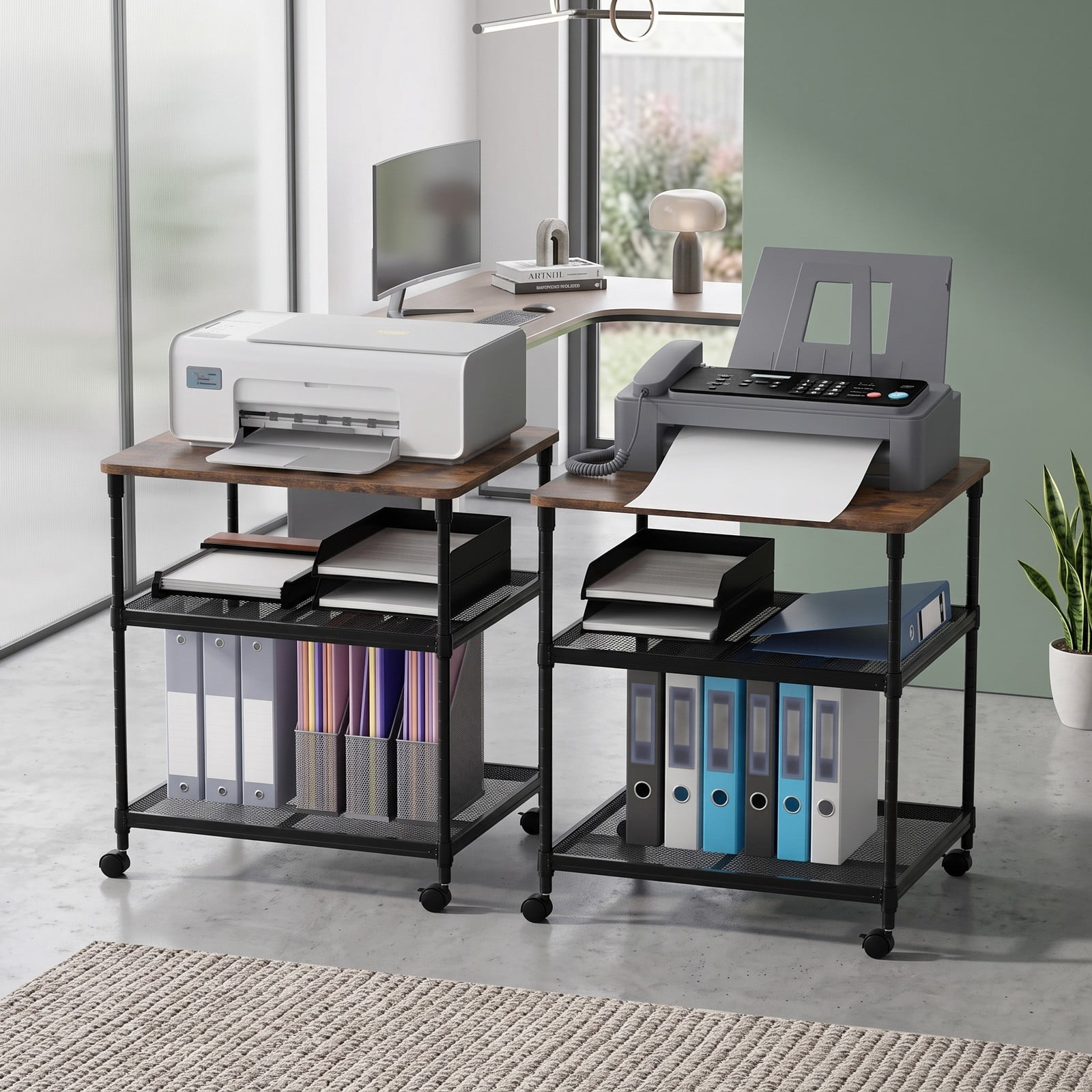 Furnibear 3 Tier Rolling Printer Stand Fax Cart with Adjustable Shelf, Swivel Locking Wheels, Wood Iron Mobile Storage Organizer for Home Office - Coffee