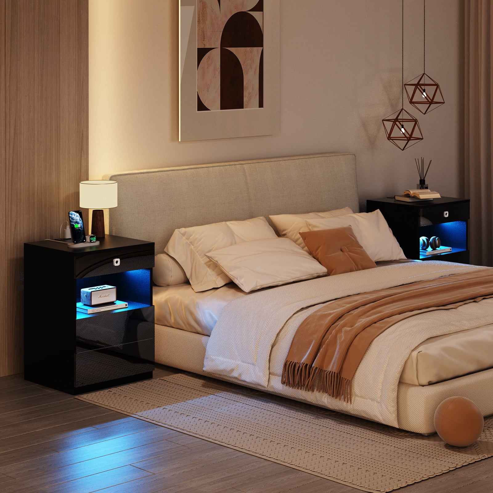 Hommpa Biometric Fingerprint Lock Nightstand with Charging Station, Black Smart LED Bedside Table with Lockable Drawer for Gun Safe, Modern High Gloss 3 Drawers End Table for Bedroom
