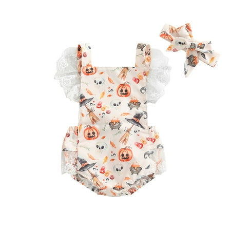 

Meihuida Summer Baby Girl Jumpsuit Set Casual Pumpkin Skull Print Lace Ruffle Trim Sleeveless Rompers and Headband