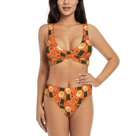 Zeuib Ramen Noodle Soup High Waisted Tummy Control Bikini Set - Knot Front Push Up Top & Cheeky Thong Bottom  Two-Piece Swimsuit for Women-XX-Large