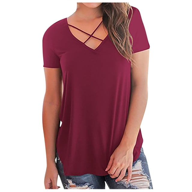 Summer Plus Size Summer Tops for Women Trendy Woman Fashion Solid Color Chest Overlapping Rope Short Sleeve V-Neck Casual Tops V Neck Tshirt Women on Clearance