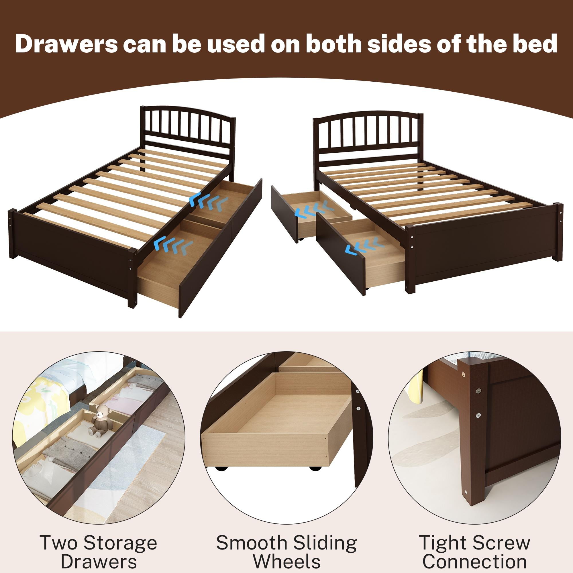 PAPROOS Wood Platform Bed with Storage, Twin Size Bed Frame with 2 Drawers, No Box Spring Needed, Espresso