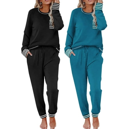 Ekouaer 2 Pack Womens Pajama Sets Long Sleeve Lounge Sets Soft Pj Sleepwear Loungewear Black & Blue Small
