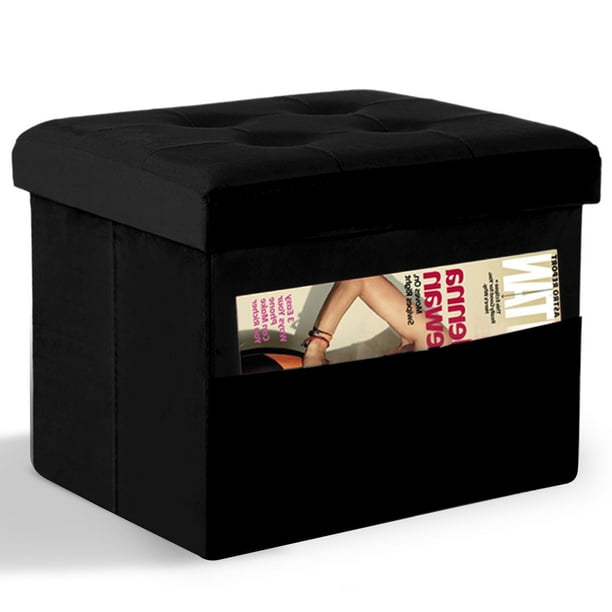 Taburete plegable Storage Ottoman LINMAGCO, color negro aterciopelado