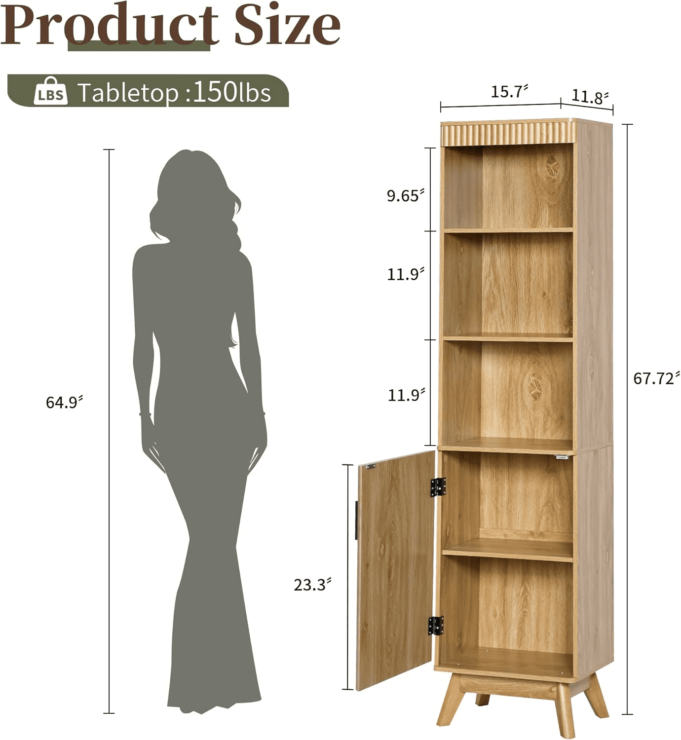 LEFHDA 68" Bathroom Storage Cabinet with Doors, Narrow Tall Fluted Cabinet, Wooden Mid-century Modern Cabinet with Adjustable Shelf, Bathroom Kitchen Living Room