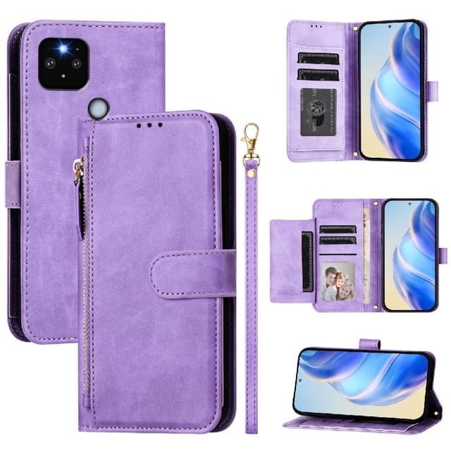 Étui pour Google Pixel 5 TG avec Poche Zippée, Portefeuille Magnétique à Rabat avec 7 Emplacements pour Cartes et Dragonne