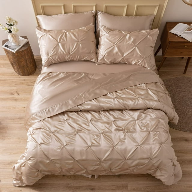 Juego de edredón MR&HM Satin Queen de 7 piezas, color champán