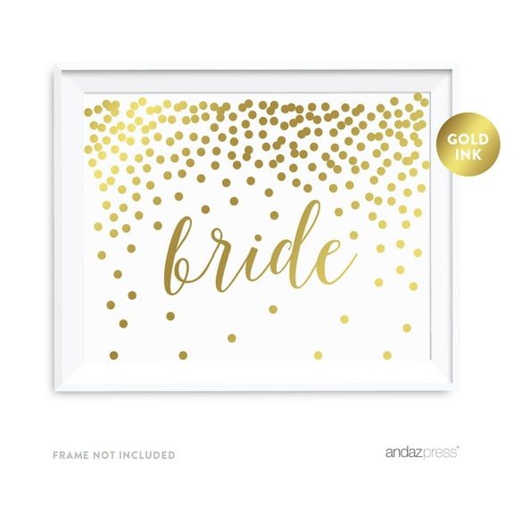 Metallic Gold Confetti Polka Dots 8.5x11-inch Party Sign, Bride, 1-Pack, Reception Table Decorations, Unframed
