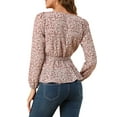 thumbnail image 3 of INSPIRE CHIC Women's Floral Long Sleeve Square Neck Peplum Blouse with Belt XL Pink, 3 of 7