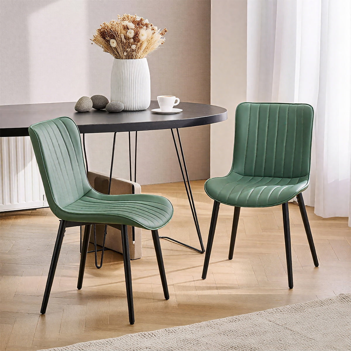 L'AGRATY Modern Dining Chairs Set of 2, High Back PU Leather Upholstered Kitchen Chairs with Cushion - Heavy Duty Metal Legs for Dining Room, Restaurant, Cafe (Green)