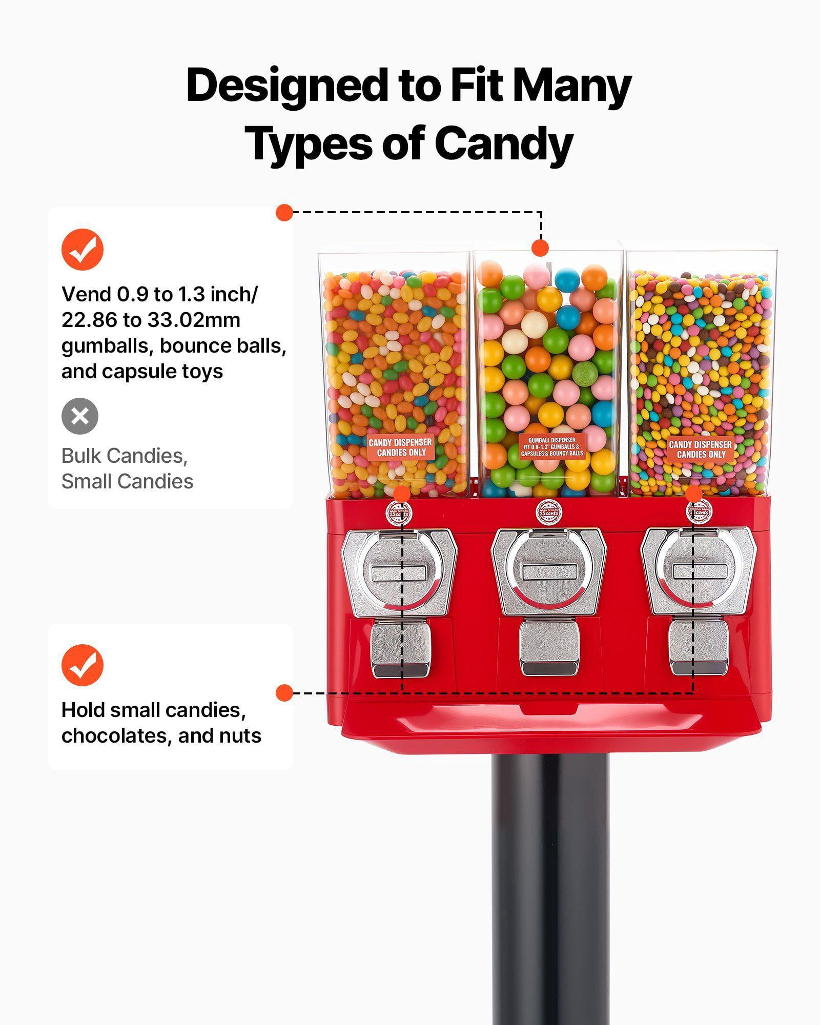 Triple Compartment Vintage Candy Gumball Vending Machine with Stand Detachable Cash Box for Shops Arcades