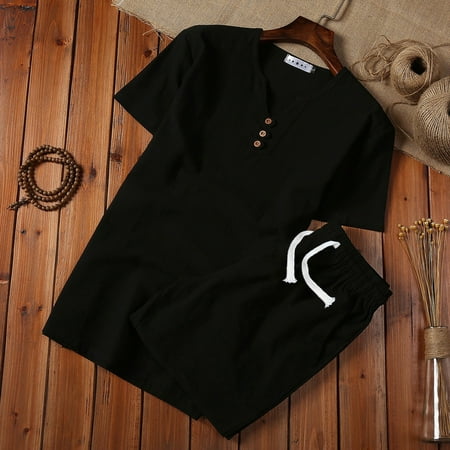 

Hunpta Mens Cotton Linen Set Solid Color Short-Sleeved T-Shirt Large Size Casual Set
