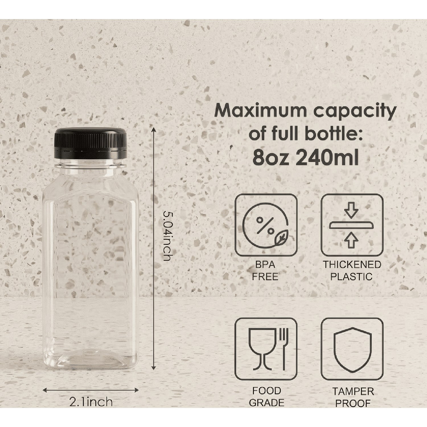 8 oz Square Plastic Juice Bottles with Lids, 150 Pcs Clear PET Beverage Containers with Funnel, Cleaning Brush and DIY Labels for Smoothies and Drinks