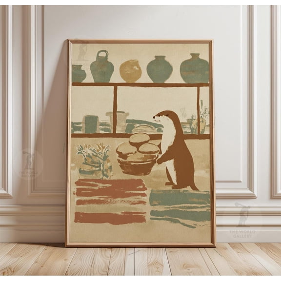 Otter Bakery Scene Bread Window Display Vintage Style Food Wall Art, Stretched Canvas