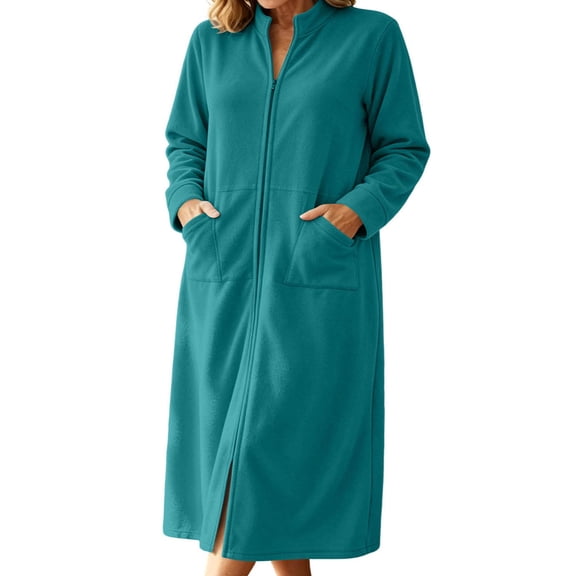 qolati Zipper Front Robes for Women Soft Full Length Polar Fleece Nightgown Fall Winter Long Sleeve House Coat Lightweight Stand Collar Plush Bathrobe with Pockets Green S