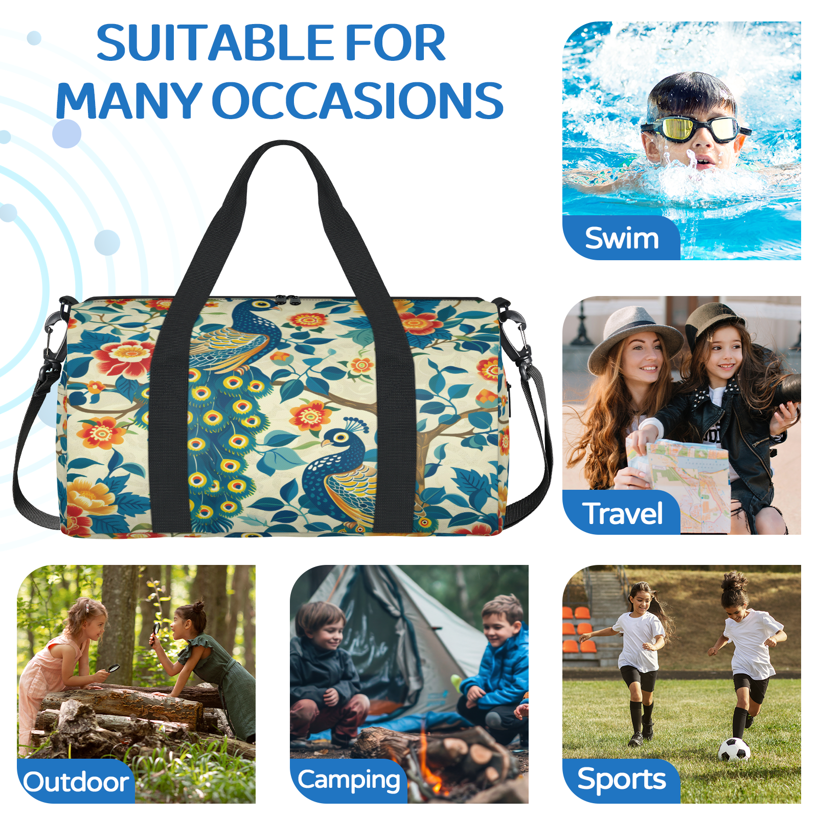 Herdesigns Peacock Travel Duffle Bag Sports Yoga Weekender Overnight Carry on Workout Bags Lightweight Waterproof Gym Tote Bag for Women Peacock Flower
