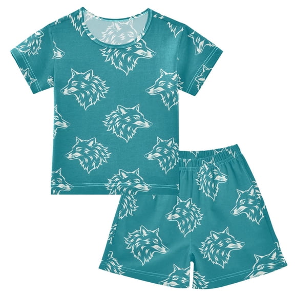 joogoo Wolf Artistic Pattern Pajama Sets Short Sleeve Cotton 2-Piece Sleepwear 10Y