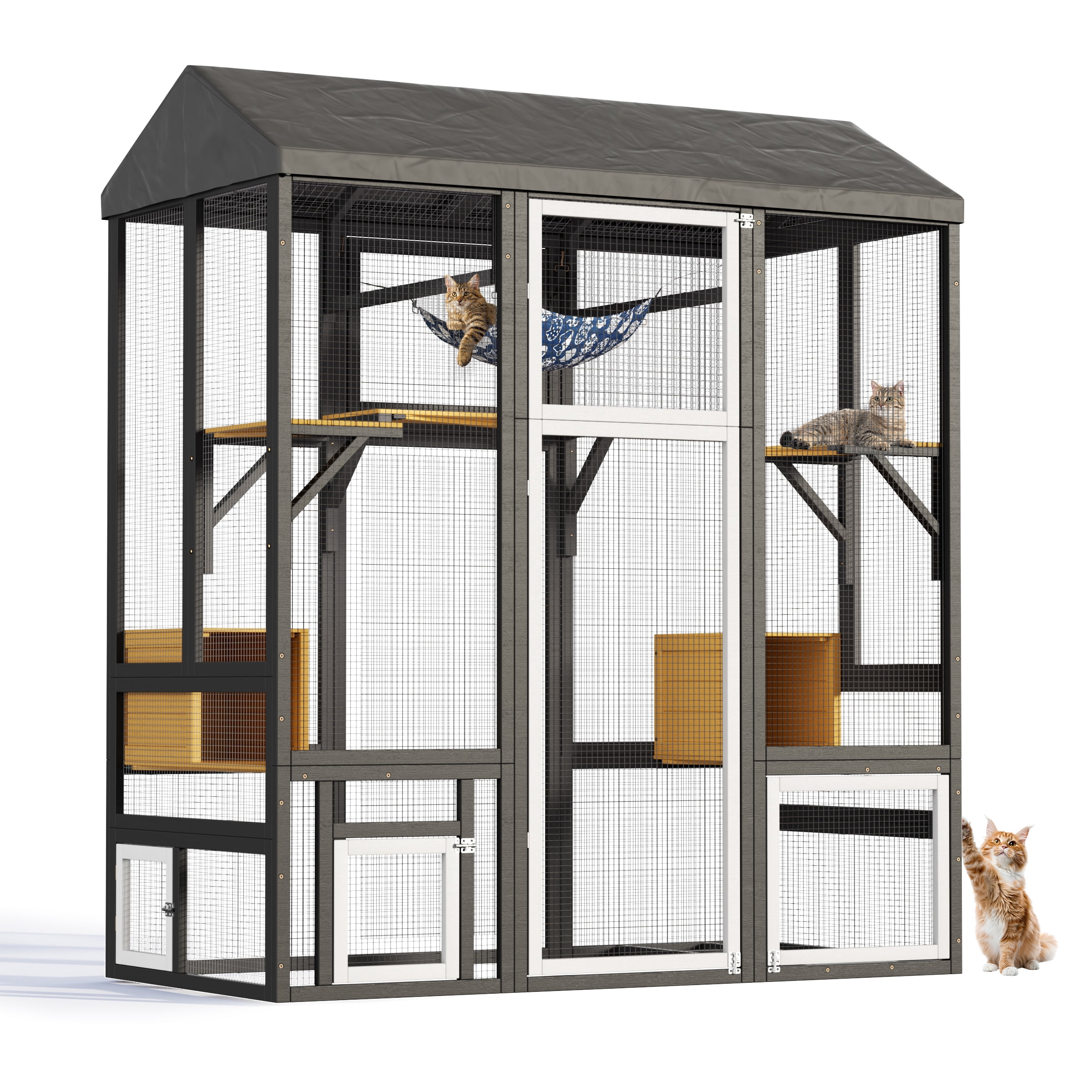TIMHAKA 71'' Catio Outdoor Cat Enclosure, Large Cat Catio with Window Access, Hammock, 7 Platforms and 2 Resting Box, Black