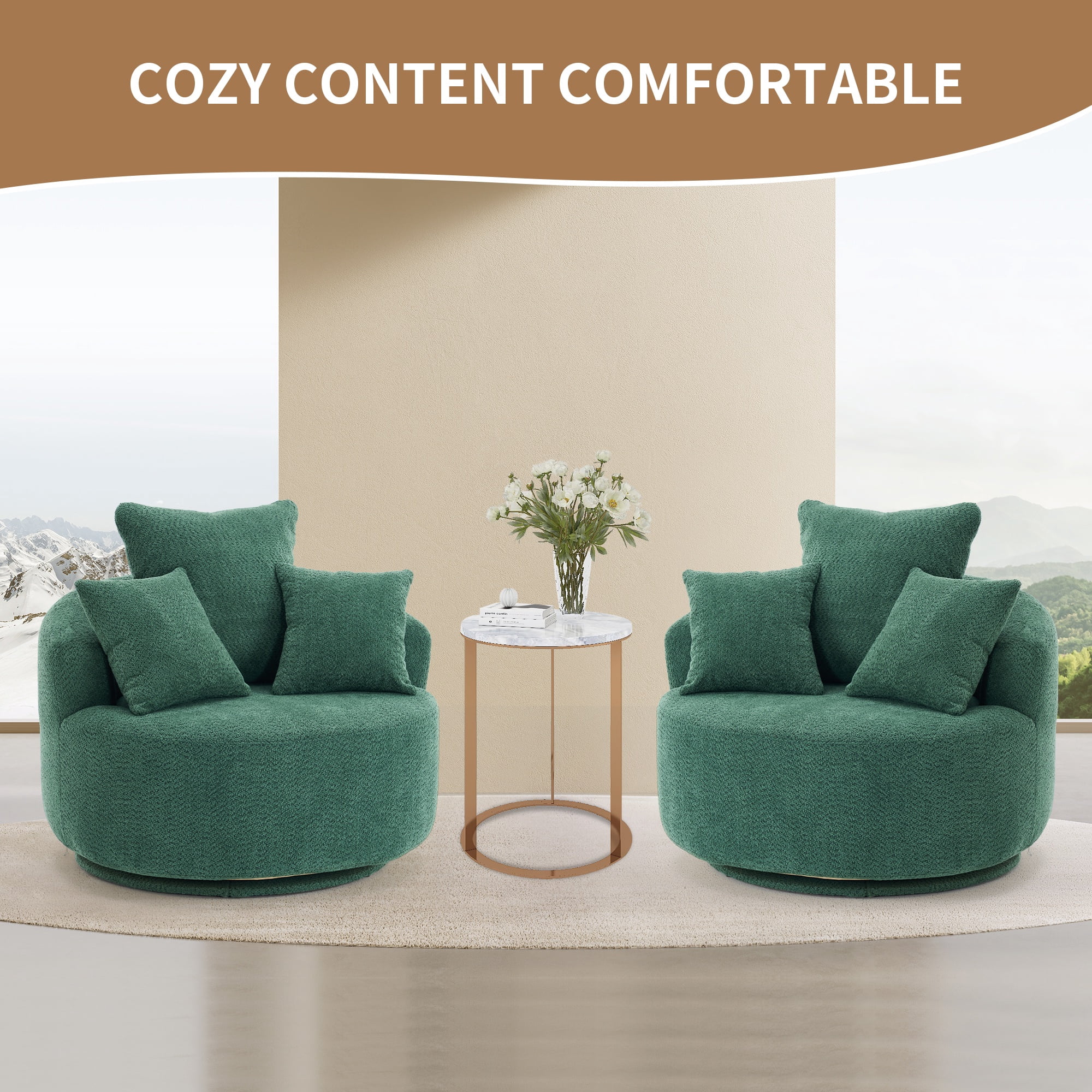 PORKISS Oversized Swivel Accent Chair Barrel Chair, Crochet Yarn Upholstered Armchair with 3 Pillows, Round Armchair Leisure Sofa Chair for Living Room Office Lounge Hotel, Green