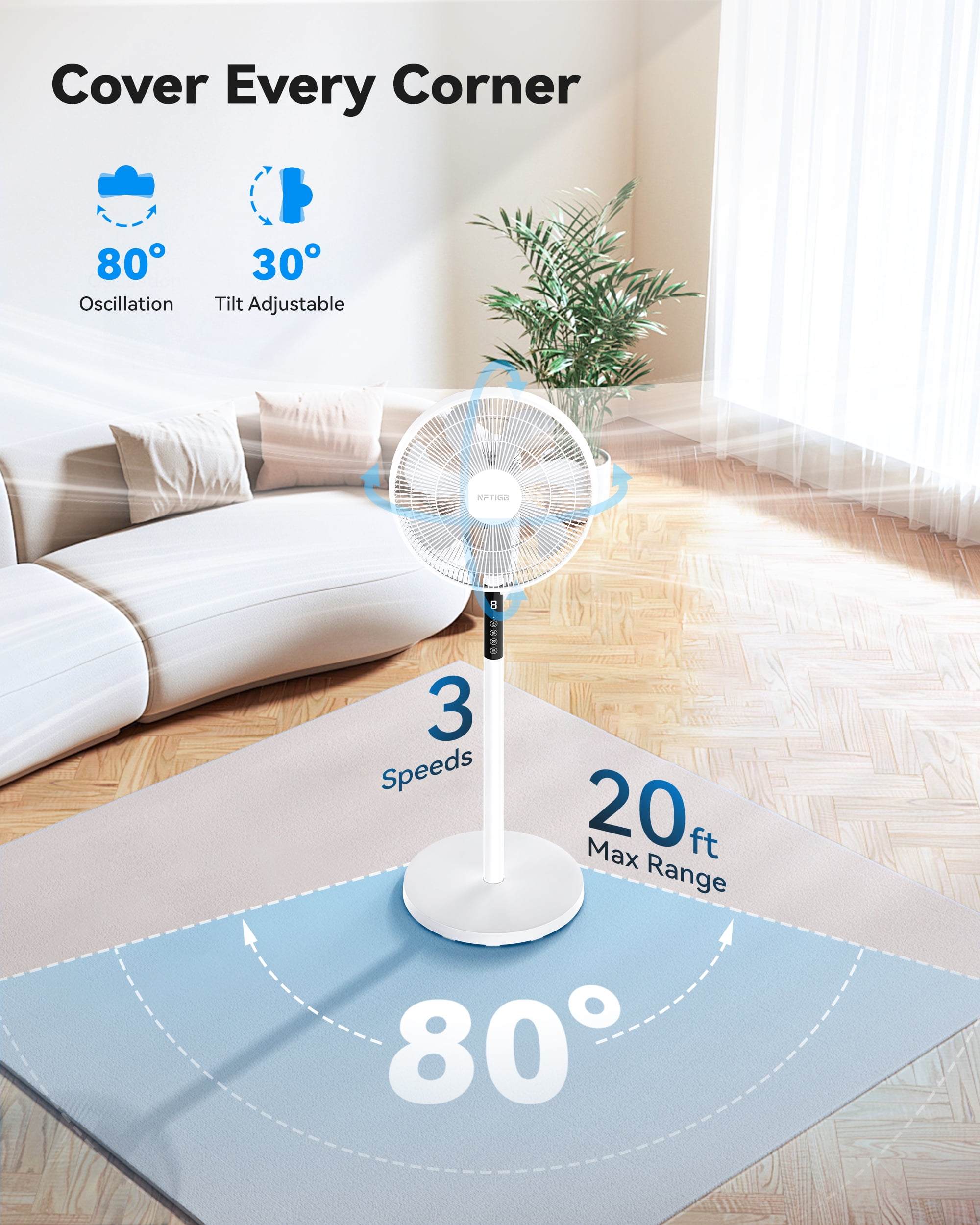 NFTIGB Oscillating Pedestal Fan, 7 Blades 3 Speeds 9H Timer Standing Floor Fan with Remote,White New