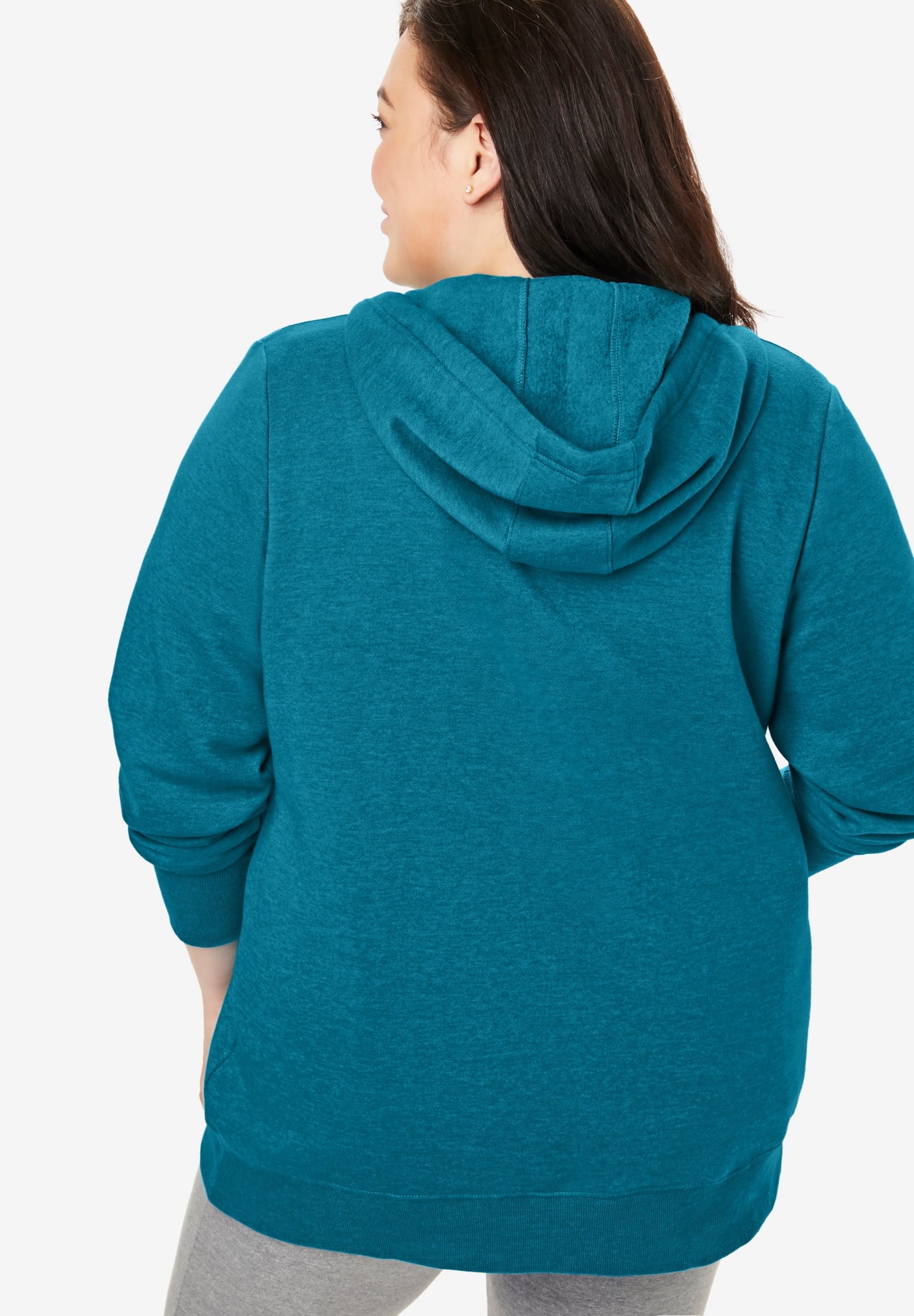 Woman Within Plus Size Better Fleece Zip Front Hoodie Long Oversized Sweatshirt 5X Deep Teal Green